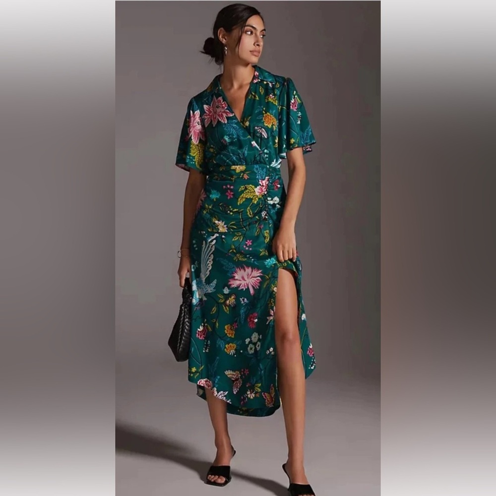 Anthropologie Teal Floral High-Low Dress